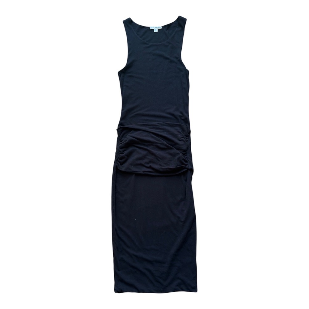 James Perse Black Ruched Tank Midi Dress WJE6846 Size 0 Sleeveless Cotton Blend